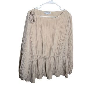 Sweet Rain Blouse Women's 3X Beige Rosette 3/4 Sleeve Textured Boho Casual Top